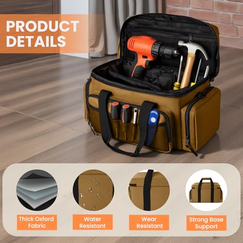 VJI 18" Heavy Duty Tool Bag with Adjustable Shoulder Strap, Khaki - color: Khaki