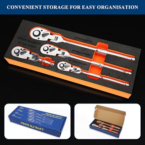 PRIDE&CRAFT 4-Piece Flex Head Ratchet Set, 1/4", 3/8", 1/2" Drive, 3/8" Stubby, 72-Tooth, Socket Wrench Quick Release Reversible Design, Swivel Head Ratchet, Chrome Alloy Made, EVA Organizer - style: 4pc Flex Head