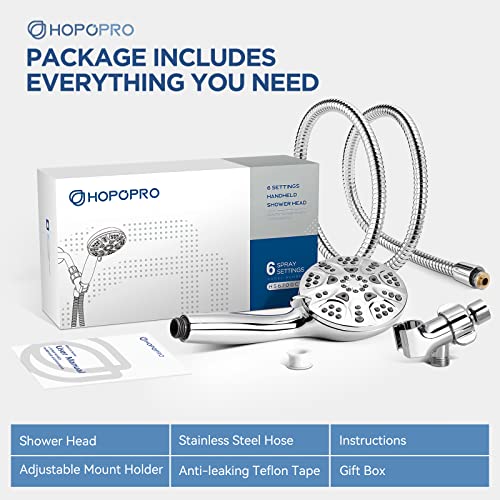 6-Mode High Pressure Handheld Shower Head Set, Consumer Reports Recommended HOPOPRO High Flow Hand Held Showerhead with 59 Inch Hose Bracket Teflon Tape Rubber Washers - color: Luxury Chrome, style: 6 Modes