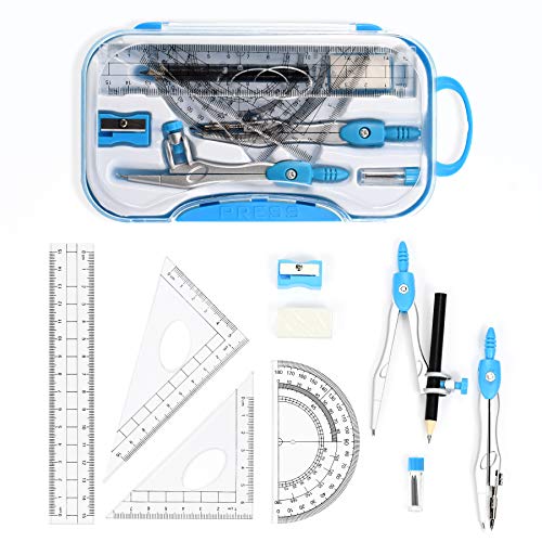 Unjoo Geometry Set 10 Pcs Student Supplies, Protractor and Compass (Blue） - color: Blue