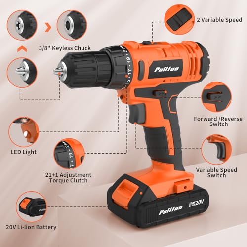 PULITUO 20V Cordless Drill/Driver, 2 Batteries Electric Screwdriver, 30Nm Power Drill Driver, 21+1 Torque, 2 Speed, 3/8"Keyless Chuck, power Drill with LED Light, Drill Driver Kit for Home (Orange) - style: 20V Drill (orange)-double