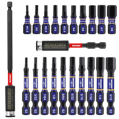 GEINXURN 22 Pieces Multi Hex Head Impact Tough Magnetic Allen Wrench Drill Bits Set, 1 in./2 in. Mixed Hex Head (Metric&SAE) S2 Steel Power Bits Set with Bit Extension Holder - size: MS-22