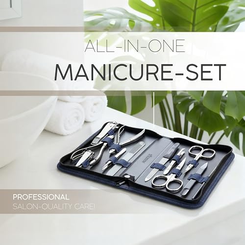 Manicure Set Women and Men – 12-Piece Professional Grooming Kit with Premium Tools, Artificial Leather Case, and exclusive Glass Nail File for Hand & Foot Care, German Quality - color: Denim