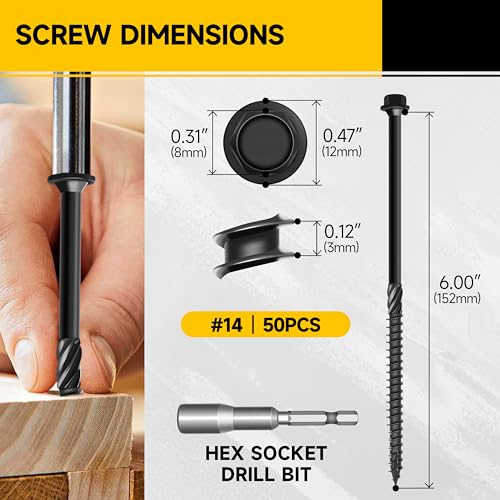 50Pcs 6 Inch Wood Screws, #14 x 6 Heavy Duty Outdoor Wood Screws Assortment Kit Deck Screws, Black Timber Screws Lag Bolts, Hex Socket Included Hex Head Log Landscaping Black Screws By Mywish - size: #14 x 6"