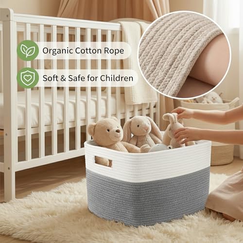 JMvicyroam 65L Large Woven Cotton Rope Blanket Basket, White&Grey - color: White&Grey, size: 65L