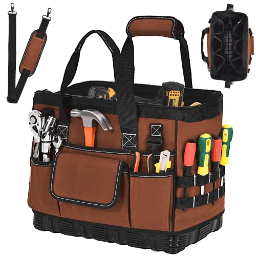 Heavy Duty Canvas Tool Bag, Wide Mouth Tool Tote Organizer - color: Brown