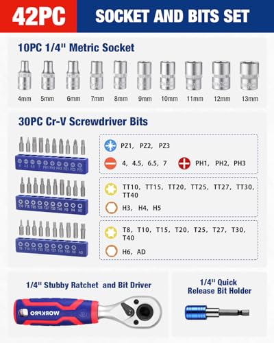 WORKPRO 42 PCS 1/4" Drive Mini Socket Ratchet Wrench Set - style: Dual-Head Ratchet Accessory-Rich Set