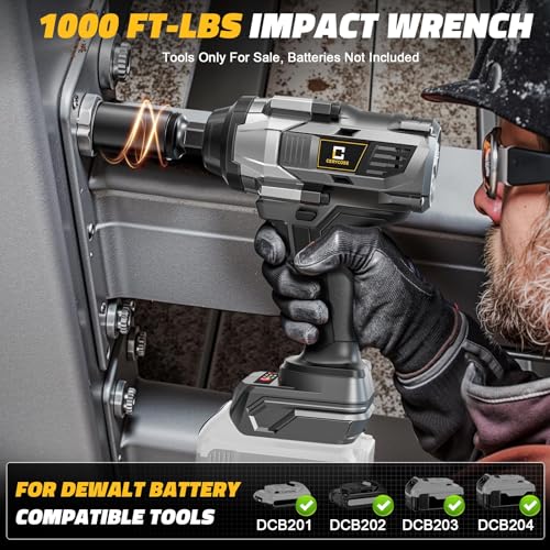 Cerycose Cordless Impact Wrench 1000FT-LBS Compatible with Dewalt Battery, 1/2 inch Brushless Electric 1360N.m Impact Gun Includes LED Work Light, High Torque Impact Driver, Bare Tool Only - size: 1/2inch, style: Fit for DeWalt(1000FT-lbs)