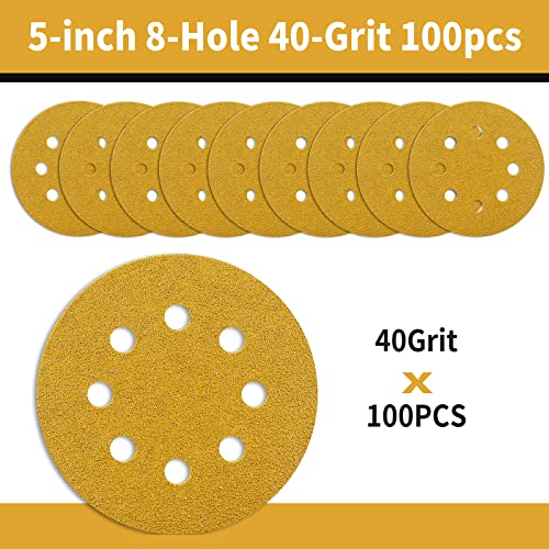 100 Pcs 5 Inch Sanding Discs Hook and Loop, 40 Grit Sandpaper for Woodworking or Automotive, 8 Hole Gold Premium Dustless Random Orbit Sandpaper - style: 40 Grit-100 Discs