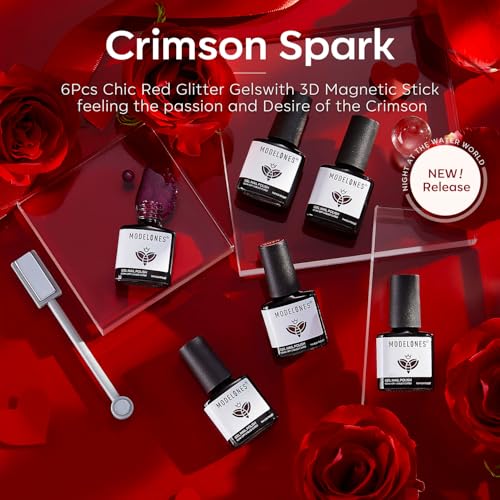modelones Gel Nail Polish Set, Red Burgundy Purple Glitter Cat Eye Shimmer - color: A-1 Crimson Spark