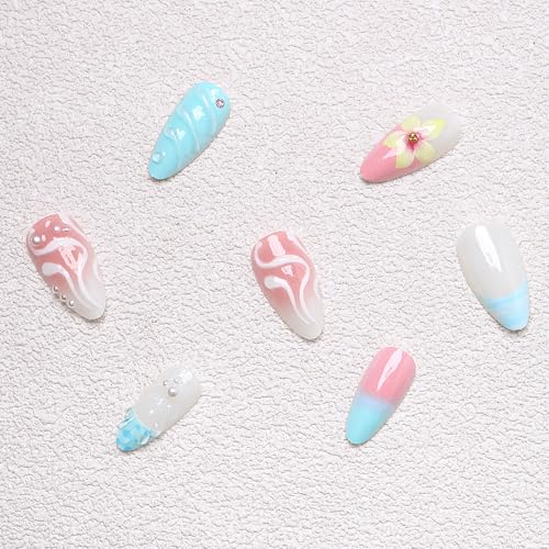 3D Color Press on Nails Almond - Medium French Tip Fake Nails with Embossed Flower&White Bead Designs, Glossy Finish Reusable False Nails for Women Manicure(3D Embossed design 10) - color: 3D Embossed design 10