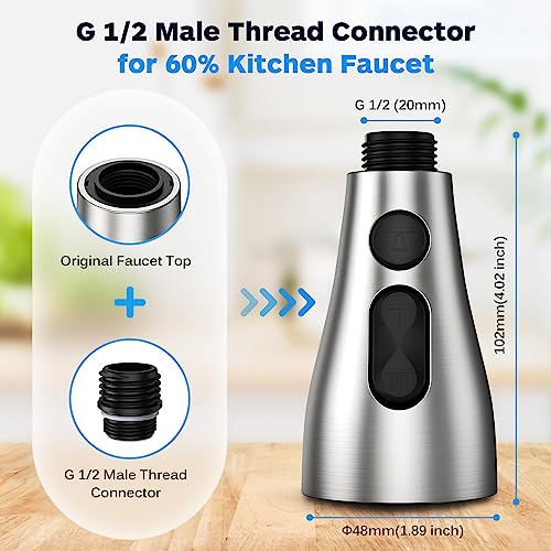 Kitchen Faucet Head Replacement 3 Modes with 17 Adapters, Pull Down Spray Head for Kitchen Faucet, Kitchen Sink Faucet Head G 1/2, Sprayer Head Replacement, Compatible with Moen，Delta, Kohler Faucets - color: Brushed Nickel with 17 Adapters