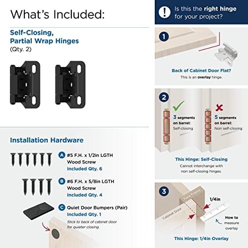 Amerock 1 Pair 1/4" Overlay Matte Black Partial Wrap Cabinet Hinge - color: Matte Black, size: 1/4 Inch (6 mm) Overlay