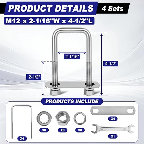 4 Sets M12 Square U Bolts 2 Inch Wide, 1/2" x 2-1/16" W x 4-1/2"L - size: M12 x 2-1/16"W x 4-1/2"L
