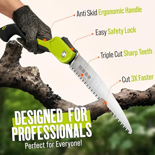 Folding Camping saw 11 Inch - Heavy Duty Pruning Saw with Triple-Cut SK5 Blade, 7 TPI Razor Teeth for Tree Trimming, Wood Cutting, Camping, Bushcraft, and Gardening - size: 11 INCH (Lime Green)