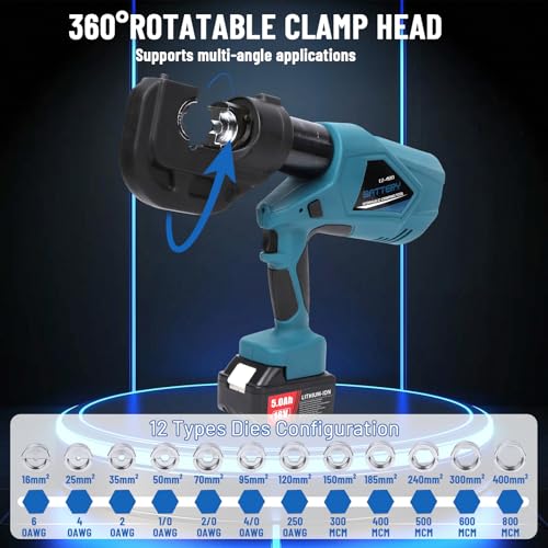 Hydraulic Crimping Tool 12-Ton, Cordless Electric Crimper Kit with Dies