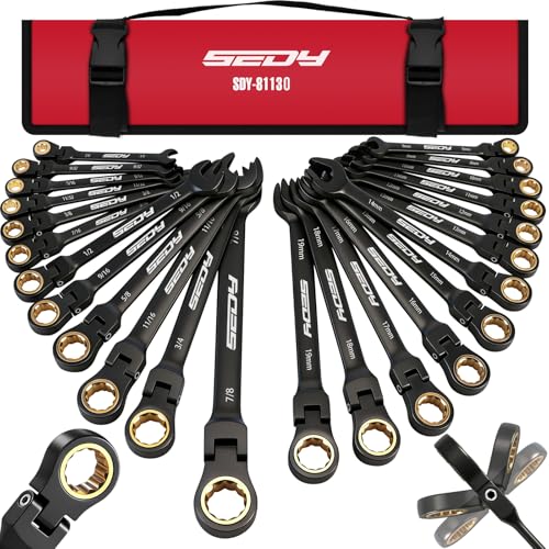 Premium 24-Piece Flex-Head Ratcheting Wrench Set, Metric(8–19mm)& SAE(1/4-7/8") Combination Wrenches, 72-Tooth CR-V Steel with Durable Black Finish, Ratchet Spanners with Roll-Up Tool Pouch for Repair - color: 24-pc Flex-head (Black Finish)
