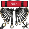 Premium 24-Piece Flex-Head Ratcheting Wrench Set, Metric(8–19mm)& SAE(1/4-7/8") Combination Wrenches, 72-Tooth CR-V Steel with Durable Black Finish, Ratchet Spanners with Roll-Up Tool Pouch for Repair - color: 24-pc Flex-head (Black Finish)