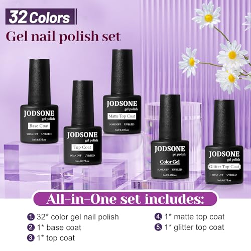 JODSONE 32+4 Pcs Gel Nail Polish Kit Soak Off Gel Polish Set Glitter Gel Nail Kit Nail Art Salon DIY at Home Manicure Kit - color: B04