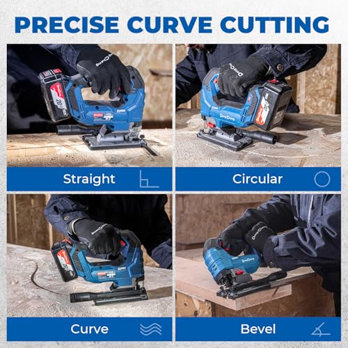 DongCheng 20V Brushless Cordless Jigsaw, 800-3500 SPM Variable Speed, 26mm Stroke, 4-Position Orbital Action, 0-45° Bevel Cut, Cuts Wood, Metal & Aluminum, 4.0Ah Battery, Charger, 6 Blades, Tool Bag - style: Jig Saw