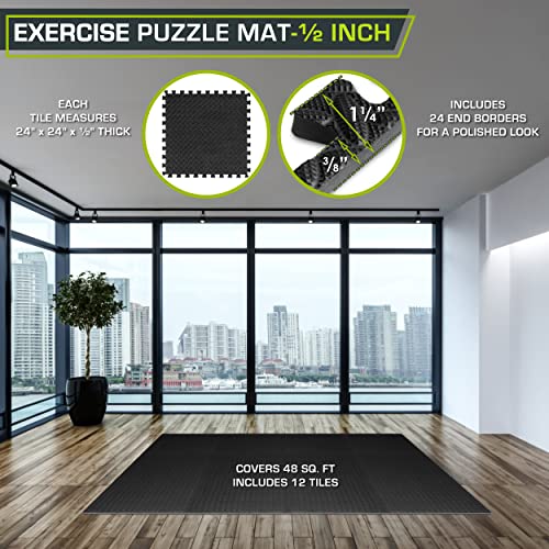 ProsourceFit Exercise Puzzle Mat ½-inch, EVA Interlocking Foam Floor Tiles for Home Gym, Workout Equipment, Kids Play Areas, Black, 48 SQ FT - 12 Tiles