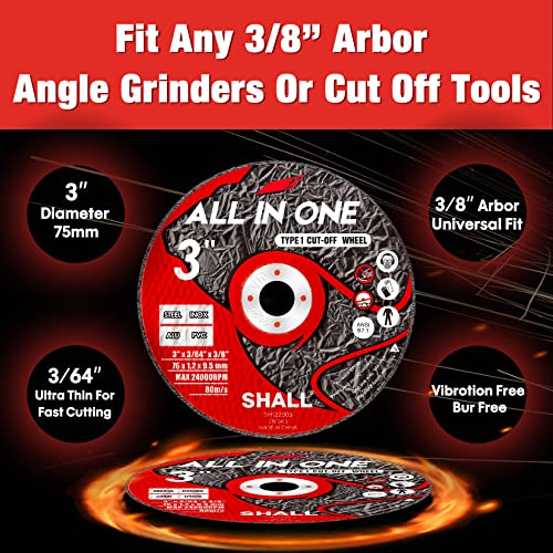 SHALL 25-Pack Cut Off Wheels 3” x 3/8” x 3/64” - Ultra Thin Cutting Wheel with Pouch for Angle Grinder & Cut-Off Tools - Fast Cutting Disc for INOX, Steel, Iron, Non-Ferrous Metal & PVC - style: 25PCS 3 x 3/64 x 3/8