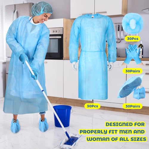 Xuhal Disposable Isolation Gown Set with Caps Gloves Shoe Covers, Blue