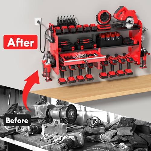 KSVO Power Tool Organizer Wall Mount, Locking Drawers, Charging Shelf, Red - color: Red