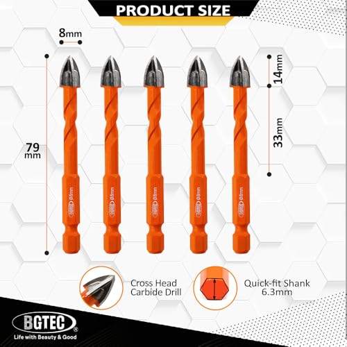 BGTEC Cemented Carbide Drill Bits Masonry Drill Bits, 5pcs Quick-fit Shank 8MM Cross Spiral Hard Alloy Drill Bit for Wood Plastic Masonry Ceramic Tile Concrete Marble - size: 5pcs 8mm