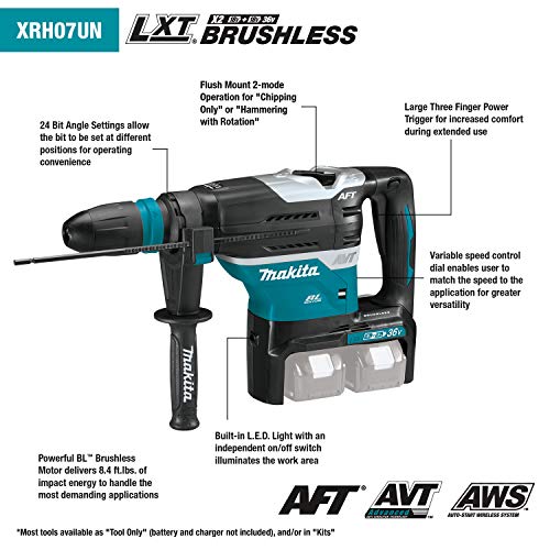 Makita XRH07PTUN 18V X2 LXT® Lithium-Ion (36V) Brushless Cordless 1-9/16" Advanced AVT® Rotary Hammer Kit, SDS-MAX, AFT®, AWS™ (5.0Ah) - style: Rotary Hammer Kit