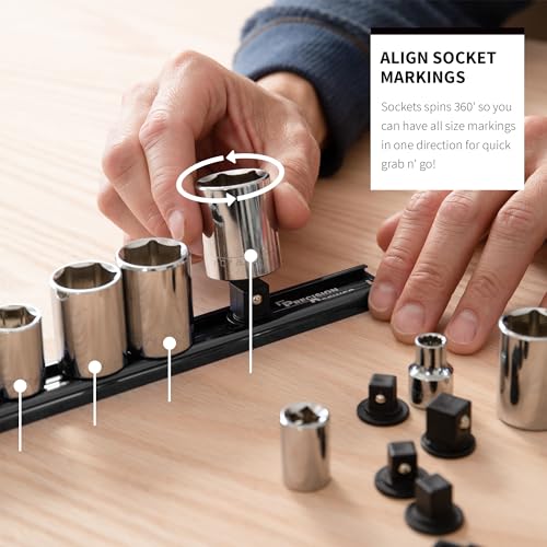 Precision Defined Aluminum Tool Socket Holder 3-Piece Set | Black, 1/4-Inch x 16, 3/8-Inch x 16, 1/2-Inch x 14 Clips | 360 Rotation - Heavy Duty Socket Rails Organizer - color: Black