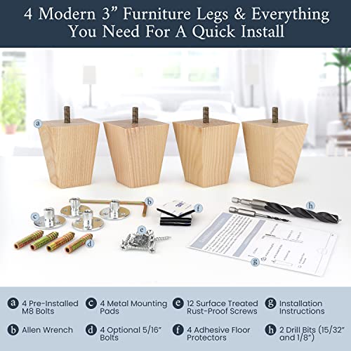 Airy Abode Premium Ash Wood Square Furniture Legs (Full Install Kit) - Pick Your Size and Color - color: Natural Ash Wood, size: 3 Inches