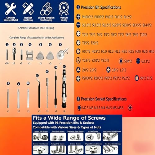 115-in-1 Magnetic Precision Screwdriver Set, 98 Bits Electronics Repair Tool Kit with Flexible Shaft, Pry Tools for Phone, Laptop, Watch, Game Console & Small Devices