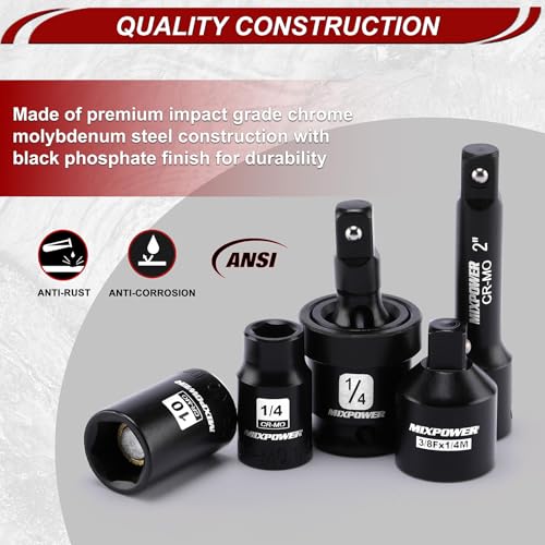 MIXPOWER 30 PCS 1/4" Drive Shallow Magnetic Impact Socket Set,Metric/SAE, 6-Point, CR-MO, Magnetic Socket with Impact Socket Adapter, Universal Joint,Extension & Drill Bit Adapter