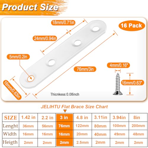 16 Pack White Flat Brackets 3 inch Straight Brace - color: White, size: 16 Pcs / 3 x 0.63 in