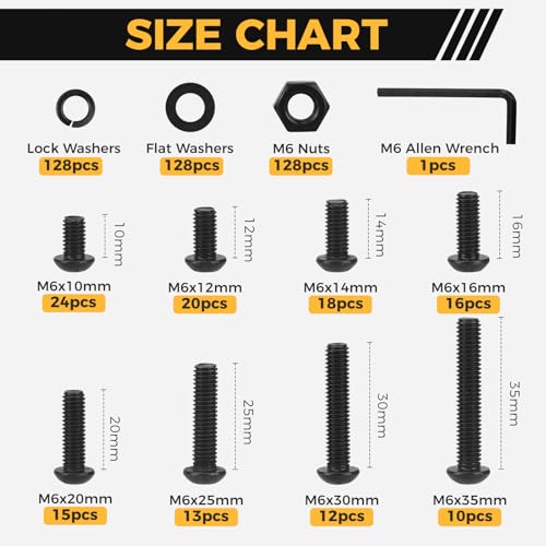 Homwin 512Pcs M6 Bolts and Nuts Kit, M6x10/12/14/16/20/25/30/35mm Button Head Hex Socket Cap Screws 12.9 Grade Alloy Steel Bolt Nut Washer Assortment Black Galvanized - color: Black-M6 Bolt