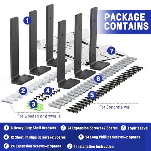 Goovilla Shelf Bracket, Floating Shelf Brackets 8 inch Long, 6 Pack, Black - size: 8 Inch, style: Black 6Pack