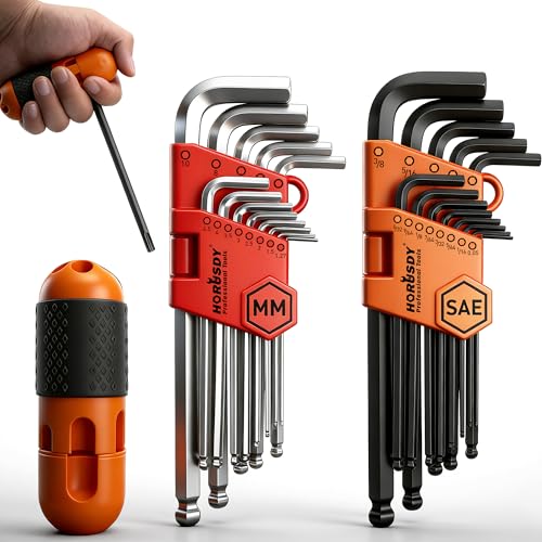 HORUSDY 27PCS Durable Hex Key Allen Wrench Long Arm Set with Ball End, Metric and Standard Sizes Allen Key Set with Another T Handle, Heat-treated CR-V Steel - style: 27PCS T Handle SAE/Metric
