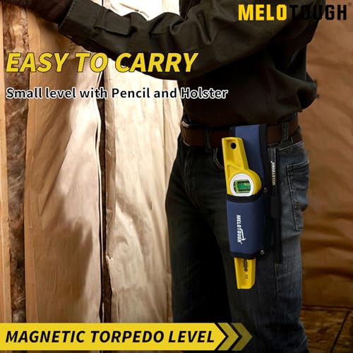 MELOTOUGH 10 Inch Die-Cast Aluminum Magnetic Torpedo Level,Small Magnetic Level for Construction,Carpentry,Scaffolding, Plumbing Torpedo Level with Rare Earth Magnet,Pencil and Holster,Yellow,2PCS - color: Yellow-2pcs