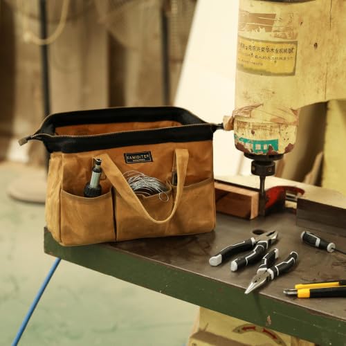 Tool Tote, 13-inch Heavy Duty Waxed Canvas Wide Mouth Tool Bag, Open Top tool Pouch with Handle for Tools, Wrenches, Screwdrivers (13 X 7 X 9 inch) | Khaki - color: Khaki, size: 13 Inch