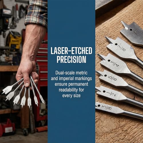 6PCS Spade Drill Bit Set, 3/8" to 1" Paddle Flat Bits Set, Wood Drill Bits with Quick Change Hex Shank, Wood Hole Cutter for Woodworking