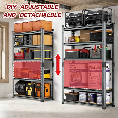 Storage Shelves, 2450LBS Heavy Duty Shelves for Garage Storage, 5-Tier Adjustable Boltless Metal Storage Shelf for Kitchen Warehouse Utility Room, 30" Wx12 Dx62 H, Black - size: 30"Wx12"Dx62"H
