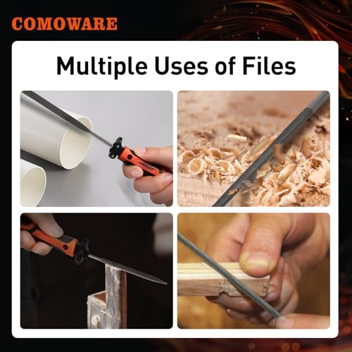 COMOWARE Small File Set, Gift for Dad, 12-Piece Metal Needle File Set with 3 Handsaw Blades, Quick Change Mechanism Handle, Flat, Half-Round, Round & Triangle Files, Portable Case for Woodworking DIY