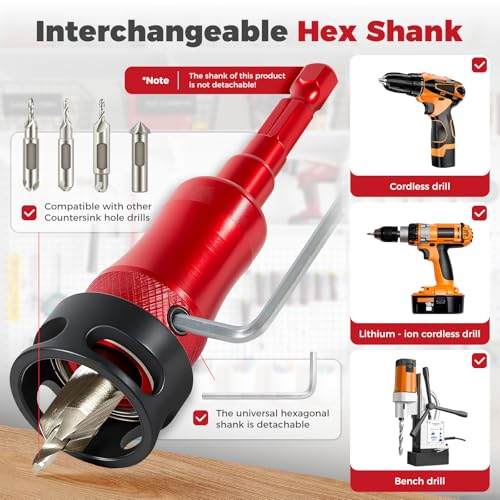 BURMONG 5-Piece Countersink Drill Bit Set with Bearing Depth Stop & Chamfer Tool, 1/4" Hex Shank Quick Change Bi-Directional Cutting Edges for Woodworking (with Adjustable Bearing Depth Stop) - style: With Adjustable Bearing Depth Stop