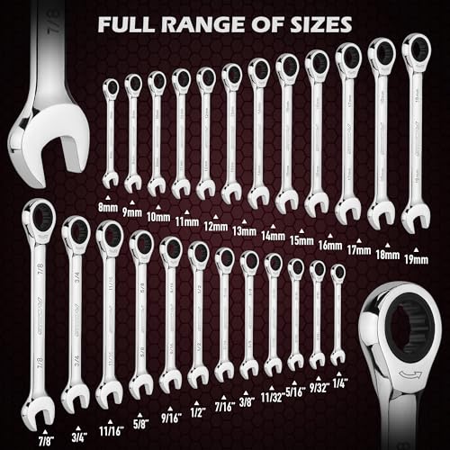Premium 24-Piece Ratcheting Wrench Set, SAE & Metric Combination Wrenches, 8-19mm / 1/4"-7/8", 72-Tooth Ratchet Spanners, Chrome Vanadium Steel with Roll-Up Pouch for Mechanics - color: 24-pc Ratcheting (Chrome Finish)