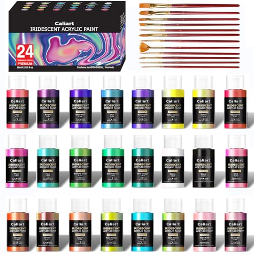 Caliart 24 Chameleon Colors Iridescent Acrylic Paint Set with 12 Brushes ﻿ - color: Iridescent, size: 2 Fl Oz (Pack of 24)