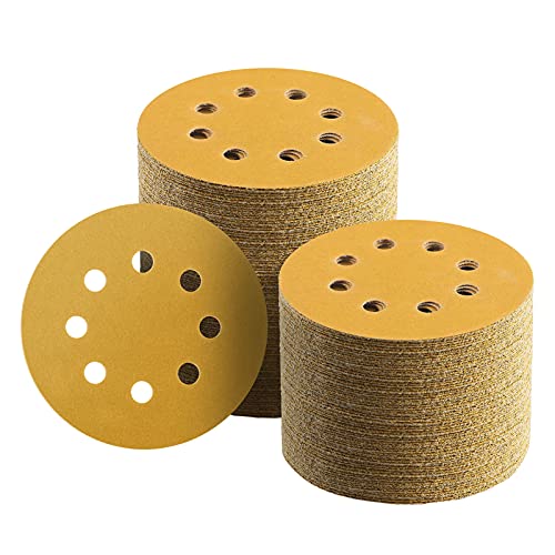100 Pcs 5 Inch Sanding Discs Hook and Loop, 220 Grit Sandpaper for Woodworking or Automotive, 8 Hole Gold Premium Dustless Random Orbit Sandpaper - style: 220 Grit-100 Discs