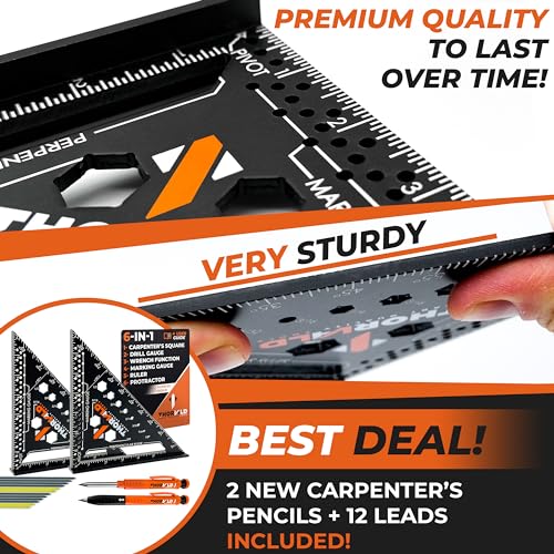 THORVALD 2 Carpenter Square 7 inch (1/16" Precision) + 2 Pencils + 12 Leads - T Square Multi-Purpose Carpenter Tools : Wrench, Protractor, Ruler, Marking Gauge, Drill Gauge, Carpentry Pencil - color: 2 Squares + 2 Pencils + 12 Leads