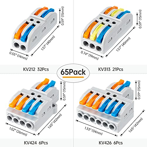65 Pcs Compact Wire Splicing Connectors Assortment Pack, Multi-Conductor Lever Quick Wiring Terminals AWG 28-12