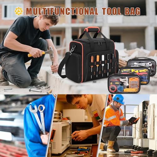 Marscamd Tool Bag with 3 Removable Cases, 2 Layers Tool Tote for Hand Tools - color: Black with Red Binding